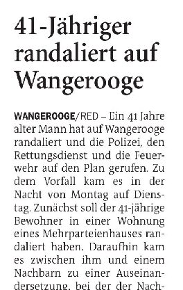 10.06.2026 Jeversches Wochenblatt – 41-Jähriger randaliert auf Wangerooge 10.06.2026 Jeversches Wochenblatt – 41-Jähriger randaliert auf Wangerooge