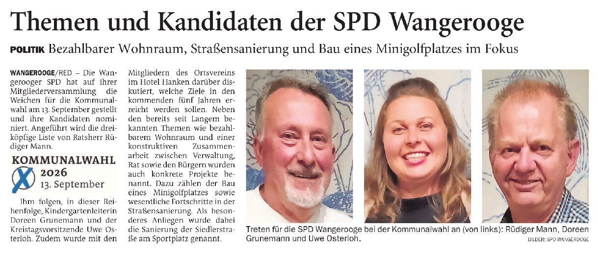 20.07.2026 Jeversches Wochenblatt – Themen und Kandidaten der SPD Wangerooge 20.07.2026 Jeversches Wochenblatt – Themen und Kandidaten der SPD Wangerooge