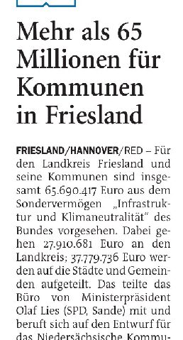 21.08.2026 Jeversches Wochenblatt – Mehr als 65 Millionen für Kommunen in Friesland