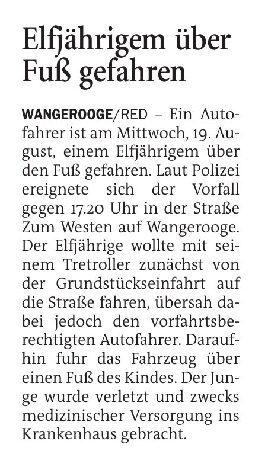 21.08.2026 Jeversches Wochenblatt – Elfjährigem über Fuß gefahren