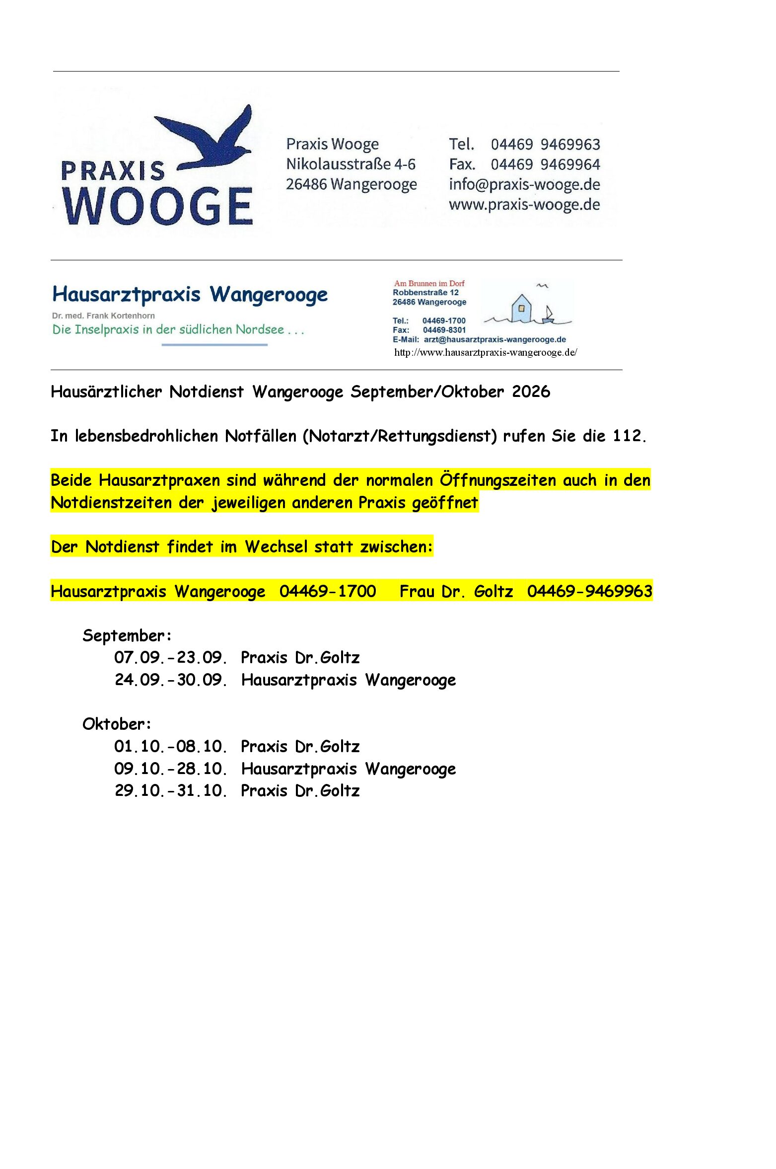 19.09.2026 Hausärztlicher Notdienst Wangerooge September/Oktober 2026 19.09.2026 Hausärztlicher Notdienst Wangerooge September/Oktober 2026