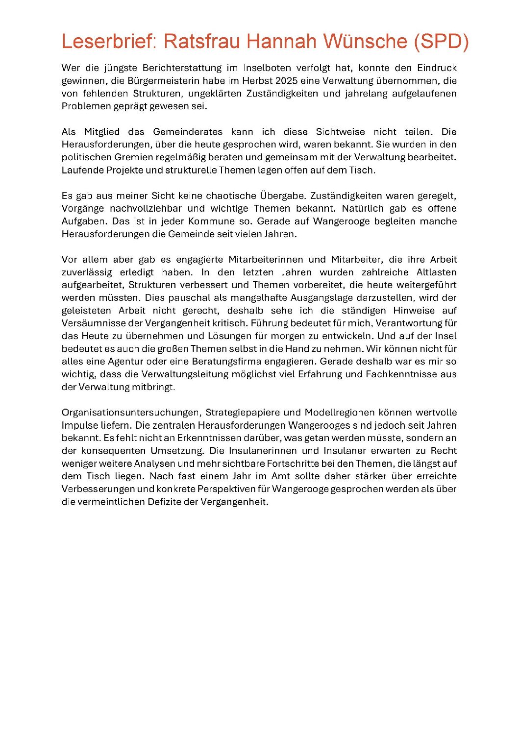 17.09.2026 Leserbrief von Ratsfrau Hannah Wünsche (SPD) zur Situation in der Gemeindeverwaltung 17.09.2026 Leserbrief von Ratsfrau Hannah Wünsche (SPD) zur Situation in der Gemeindeverwaltung
