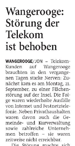 25.09.2026 Jeversches Wochenblatt – Wangerooge: Störung der Telekom ist behoben 25.09.2026 Jeversches Wochenblatt – Wangerooge: Störung der Telekom ist behoben