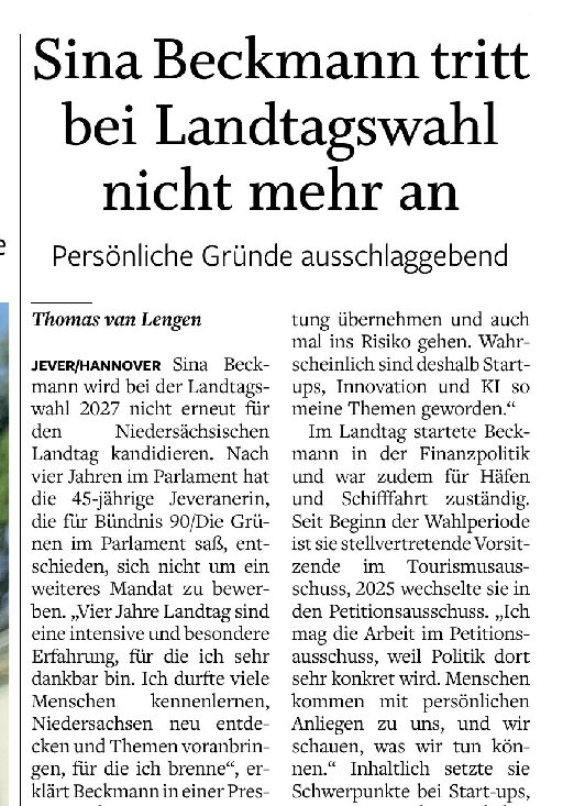 09.10.2026 Jeversches Wochenblatt – Sina Beckmann tritt bei Landtagswahl nicht mehr an